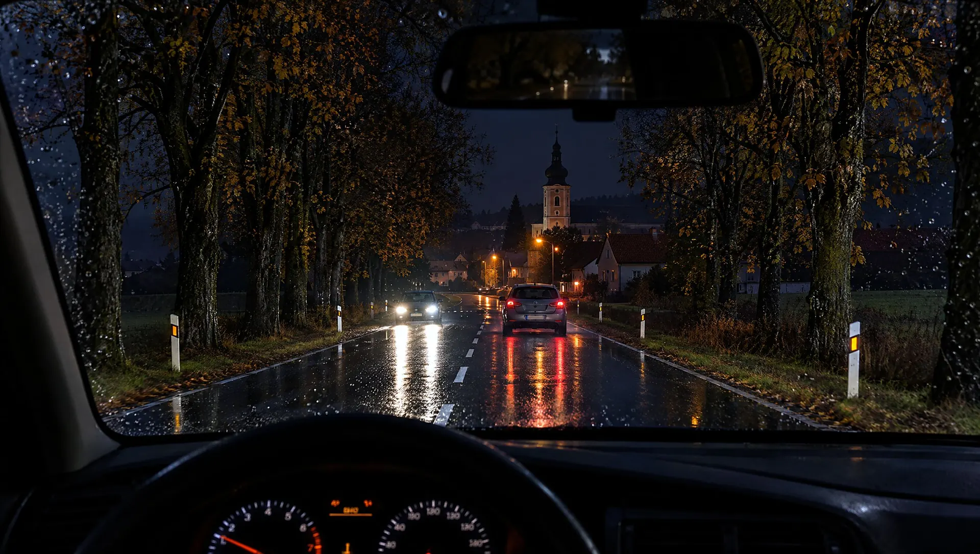 Stejný pohled přes skla EyeDrive: ostrá silnice bez oslnění