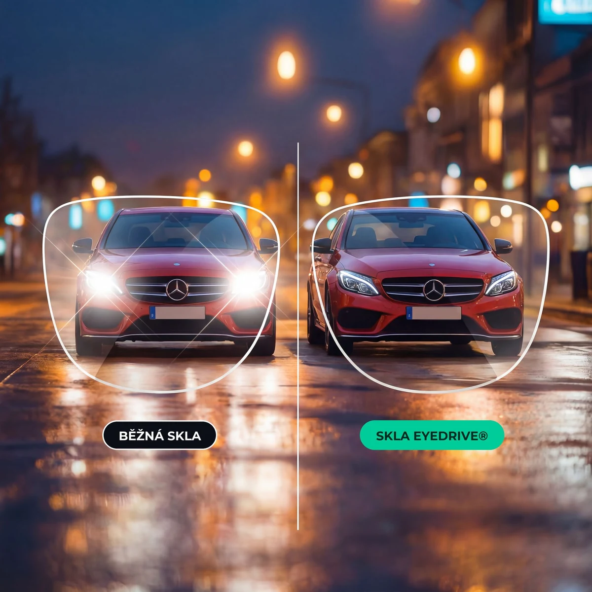 Protijedoucí auto v noci: přes běžná skla se světla rozpíjejí, přes skla EyeDrive jsou ostrá